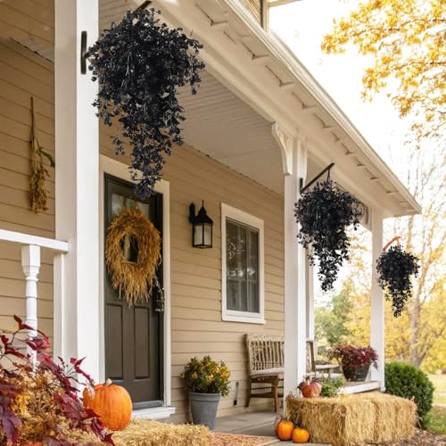 SJL Black Artificial Hanging Plant Faux Ivy Flowers Artificial Hanging Flowers Fake Greenery Outdoor Plastic Plant Faux Vine Leaves for Indoor Outdoor Home Halloween Party Room Decoration 3Pcs (Black) - color: Hanging Black Rose