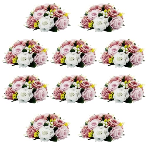 10Pcs Artificial Flower Balls for Centerpieces, Large Round Rose Balls for Parties Valentine's Day Wedding Centerpieces and Home Office Decor (Dusty Pink & White) - color: Dusty Pink & White