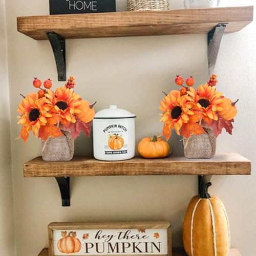 9 Inch Fall Decorations for Home 2 Pack Sunflowers Artificial Flowers with 40 LEDs Potted Autumn Leaves Pumpkin Fall Centerpieces for Tables Shelf Farmhouse Party Thanksgiving Decorations