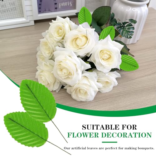 200 Pcs Green Silk Artificial Leaves - Fake, Faux Wired Single Leaf - Wire Crafts Leaves - Plastic - For DIY Bouquet, Wreaths, Wedding, Christmas - color: Green