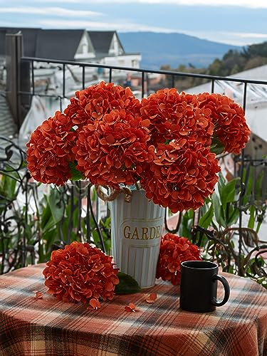 PARTY JOY 5PCS 15.4In Fall Decor Artificial Fall Flowers Bouquet Faux Hydrangea Stems for Wedding Centerpieces Fall Autumn Decorations for Home - color: Orange