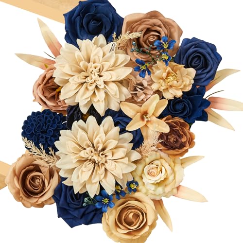 Serwalin Artificial Khaki Brown & Blue Flowers, Silk Fake Flowers for DIY Wedding Bouquets Cake Flower,Table Centerpieces Baby Shower Birthday Party Home Decorations - color: Khaki Brown & Blue, size: Grand