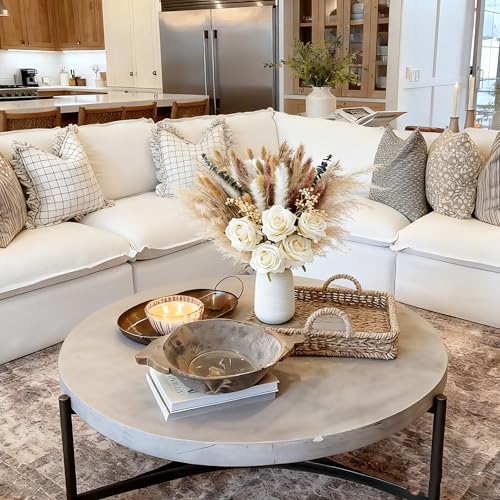 100pcs Dried Pampas Grass with Vase, Includes Artificial Silk Roses, Boho Natural Dried Flowers for Coffee Table Dining Room Home Decor Centerpiece, Farmhouse Rustic Floral Decoration for Living Room