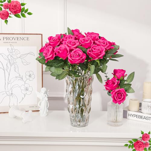 36 Pcs Hot Pink Artificial Roses with Long Stems, Fake Silk Rose Artificial Flowers Bulk for Bridal Wedding Bouquet Centerpiece Ball Arrangement Party Decor - color: Hot Pink