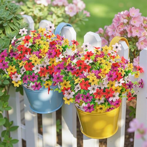 SHareconn 24 Bundles Artificial Flowers for Outdoors Decoration, Faux Plants Fake Silk Colorful Daisy Eucalyptus Lavender, UV Resistant for Outside Home Porch Patio Indoor Spring Decor, Mix 4 Colors - color: Redvioletyellowwhite