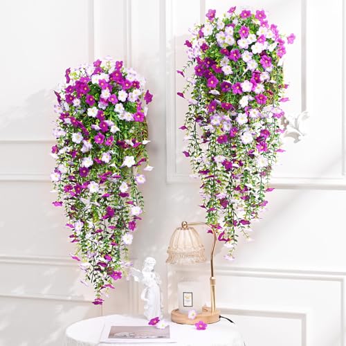 Waipfaru 4 Pcs Artificial Hanging Flowers for Outdoors, Fake Hanging Plants for Outdoor, UV Resistant Silk Faux Violet Flowers Spring Summer Decor for Planter Porch Patio Indoor Decoration, Fuchsia - color: Fuchsia