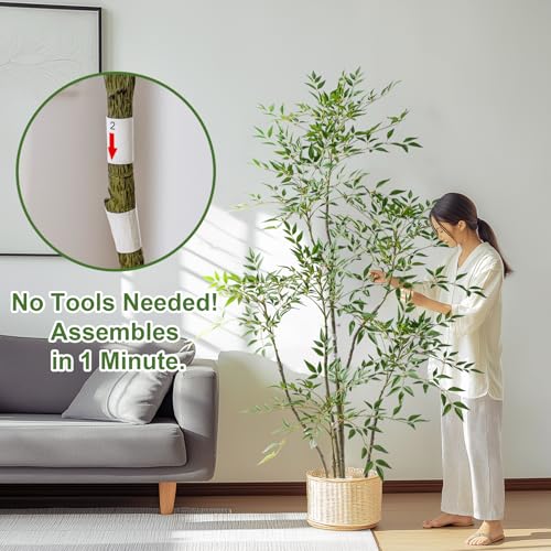 6ft Faux Bamboo Tree Artificial Nandina Tree Artificial Indoor Plants Realistic Fake Potted Tree with 800+ Leaves, Cement Planter - Home Office Decor Perfect for Housewarming Gift Non-Toxic - color: Green, size: 6ft