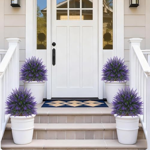 Artificial Lavender Topiary for Outdoors 4 Set of 16'' UV Resistant Evergreen Fake Shrubs Bushes with Ground Spike Topiary Ball Faux Plants for Outdoor Indoor Front Porch Garden - color: 4pcs Lavender