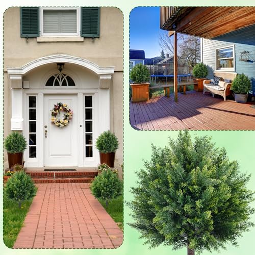 24.8'' Artificial Cedar Topiary Ball Trees, Set of 2 Fake Cypress Bushes Shrubs with Spikes UV Resistant Evergreen Faux Cypress Tree Plants for Planters Front Porch Outside Spring Garden Decor - color: 24" Cypress
