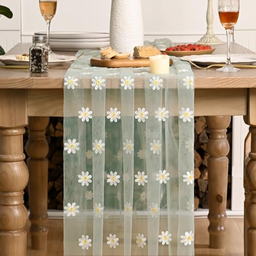 Artoid Mode Sage Green Daisy Gauze Embroidery Table Runner 120 Inch 10FT, Tulle Seasonal Spring Kitchen Dining Holiday Table Decor for Home Party - color: Sage Green