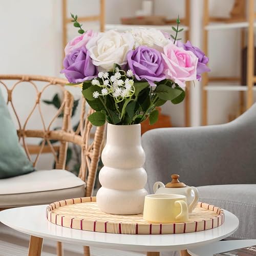 12PCS Artificial Realistic Silk Fake 3-Colored Roses Long Stem | 3 Colors Mixed Roses For Wedding Decoration, Party Table Decoration, Valentines Mother's Day - color: 4 Pink/4 White/4 Purple