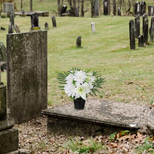 Hollyone Artificial Cemetery Flower for Graves, White Faux Lily Dahlia Flowers in Pot Silk Cemetery Memorial Flowers for Outdoors Gravesites Headstones Home Decoration - color: White-dahlia Lily
