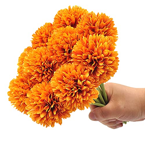 10Pcs Artificial Fake Flower Plants Silk Chrysanthemum Ball Hydrangea Arrangements Wedding Bouquets Decor Home Kitchen Garden Party Table Floral Centerpieces DIY (Orange) - color: Orange