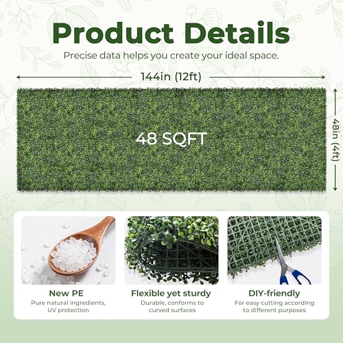 Artificial Boxwood Backdrop Roll: 48"x144" (48 sqft) UV-Anti Greenery Faux Grass Hedge for Indoor Outdoor Green Wall Decor, Patio Privacy Screen, Garden Fence Covering - size: 48"X144"