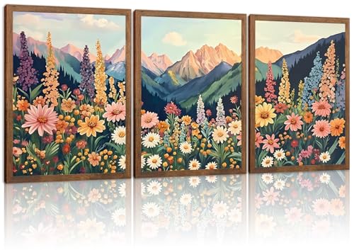 Boho Flower Landscape Wall Art Set of 3, Mountain Wildflower Nature Canvas Prints, Rustic Colorful Daisy Floral Wall Decor for Living Room Bedroom Office Farmhouse Home Decor 24x16In Wood Framed - color: Colorful daisies, size: 24L" x 16W"