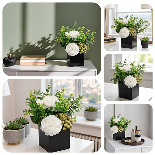 LADADA Artificial Flower Arrangement in Black Vase，Floral Centerpiece Table Decor - color: White+green