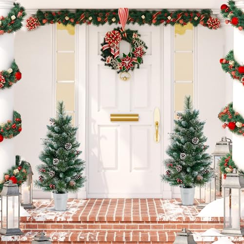 GOFLAME 3FT Prelit Artificial Entrance Christmas Tree, Indoor Outdoor Potted Xmas Tree with 20 LED Lights, Flocked Pine Needles, Eucalyptus Leaves, Red Berries, Pine Cones, 8 Light Modes, Timer - color: Green