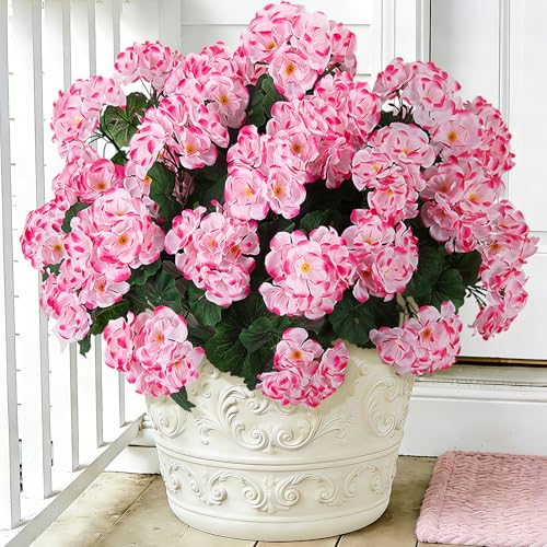 Ammyoo Artificial Geranium Flowers for Outdoors Decoration, 6 Pcs Fake Silk Geraniums Flower UV Resistant Look Real Faux Plants for Spring Garden Porch Planter Yard Table Centerpieces Decor - color: Pink