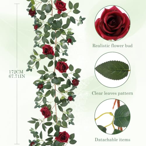 2 Pack 11.2 Ft Artificial Flower Garland with White Roses, Realistic Fake Greenery Vines with 17 Roses Flowers for Wedding Table Centerpieces Arch Party Ceremony Backdrop Decor (Dark Red) - color: Dark Red