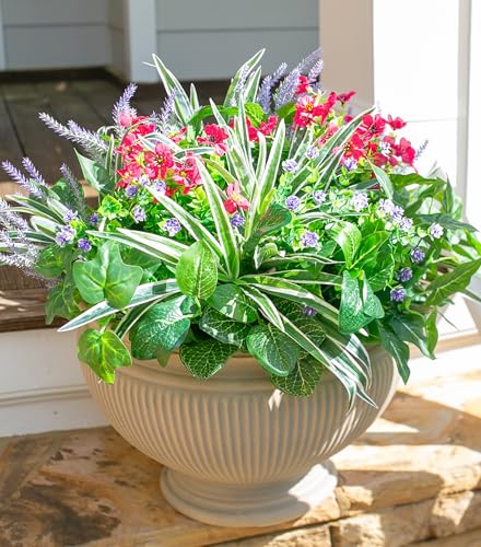 Starttag 20PCS Artificial Plants for Outdoor Decor Realistic Faux Greenery & Flowers Fake Plastic Leaves with Stems UV Resistant Outside Bushes for Garden Patio and Porch - color: Mix-1