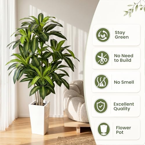 Artificial Dracaena Tree 5FT, Stable Multi-Trunk Fake Tree Indoor with White Tall Planter,Faux Silk Plant for Living Room Office Decor, UV Resistant Realistic Leaves - color: Dracaena Tree Green
