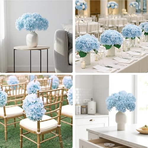 Auihiay 10PCS Hydrangea Artificial Flowers, Faux Blue Flowers for Wedding Centerpieces, DIY Bouquets, Bridal Shower, Floral Decor Home Decoration with Stems (VASE NOT Included) - color: Light Blue