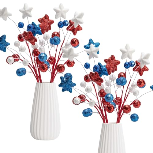 8 Pack 15" Large Patriotic Glitter Ball Centerpiece Stems, Independence Day Artificial Berry Stem Star Picks, 4th of July Red White Blue Pentagram Faux Berry Branch Sticks for Memorial Day Home Decor - color: Red White Blue