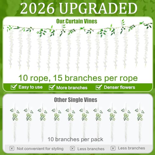 150 Branches Wisteria Hanging Flowers,10Pcs Total 60ft White Wisteria Artificial Flowers Garland Vine Silk Hanging Flowers for Wedding Party Arch Ceremony Garden Home Backdrop Decor - color: White, size: 10