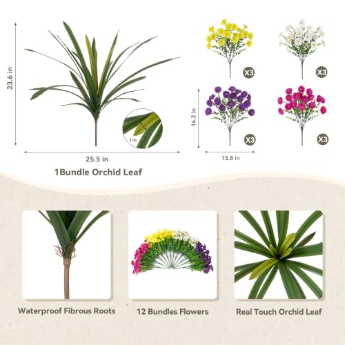 INXUGAO Artificial Flowers for Outdoors Fake Plants Outside, 12 Bundles Silk Morning Glory with Eucalyptus + Orchid Leaf UV Resistant Realistic Faux Flowers for Porch Planter Garden Patio (Mix Color) - color: Mix White Yellow Purple
