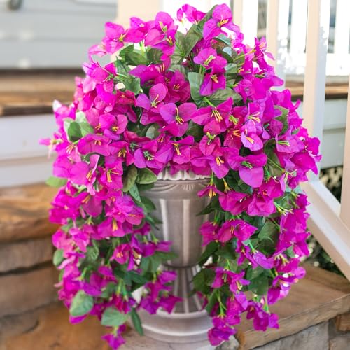 HyeFlora Bougainvillea Artificial Hanging Flowers Plants for Outdoors Decoration, 2pcs Purple Fake Flowers Silk Bougainvillea Vines Realistic UV Resistant Faux Flowers for Outdoor Planters Patio Urn - color: Purple