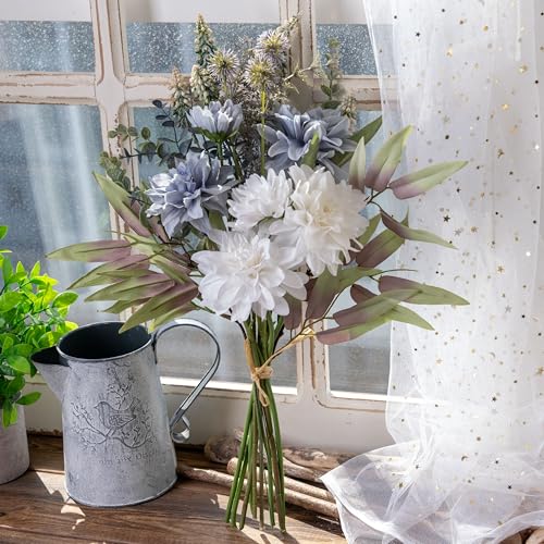 LUEUR Fake Flowers with Vase, Silk Roses Artificial Flowers in Vase Faux Flowers Arrangement Suitable for Home Kitchen Living Room, Fall Spring Decor for Office, Centerpiece Table Decorations - color: White-dahlia