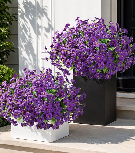 Artificial Flowers for Outdoors Decoration, 20 Bundles Purple Faux Morning Glory with Eucalyptus Look Real UV Resistant Fake Plants Silk Flowers for Outside Yard Gardens Porch Patio Planter Home Urn - color: Purple