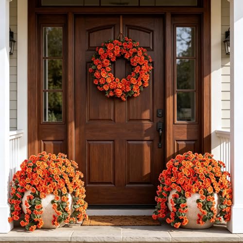 Artificial Fall Hanging Flowers Plants for Decoration 2 PCS Silk Fake Faux Mums for Outdoor Planters Long Vines Stems Bouquet Daisy UV Resistant for Wall Home Porch Patio Balcony Front Door Décor - color: B-orange