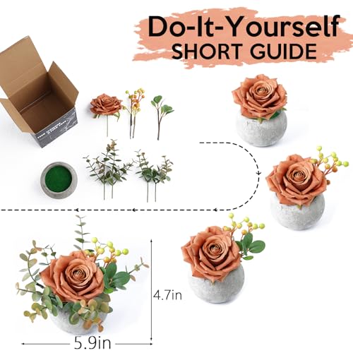 mizii DIY Small Artificial Flowers Potted Kit Fake Flower Realistic Silk Rose and Greenery with Vase for Gifts Table Centerpiece Mantle Office Desk Shelves Living Room Decorations (Orange) - color: Orange