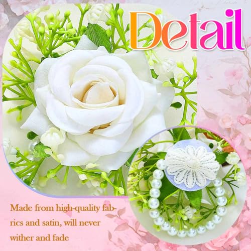 Wedding Corsage Wristlet Red Rose Wrist Corsage for Women (White) - color: White