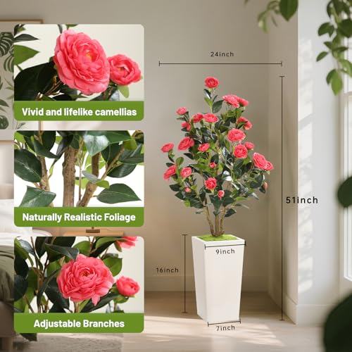 Romantic Season 4FT Artificial Camellia Tree with White Tall Planter, Pink Faux Camellia Plant Flower Tree for Modern Home Office Living Room Floor Décor Outdoor Indoor，Pink - color: Pink