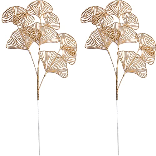 Artificial Golden Plants Fake Gold Ginkgo Leaves - Tall 27Inch 2 Pack, Faux Apricot Leaf Christmas Decor Plant Simulation Bushes for Indoor Outdoor Xmas Party Wedding Table Centerpiece DIY Decoration - color: (Tall ) Gold Ginkgo Leaves - 2 Pcs