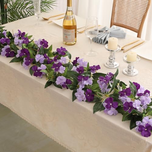 JUSTOYOU Artificial Vines Purple Flower Garland Artificial Impatiens Flowers for Outdoors Hanging Floral Vines for Home Decor Wall Fence Stairway Indoor Outdoor Wedding Hanging Baskets(2 Pcs) - color: Impatiens Flowers-purple