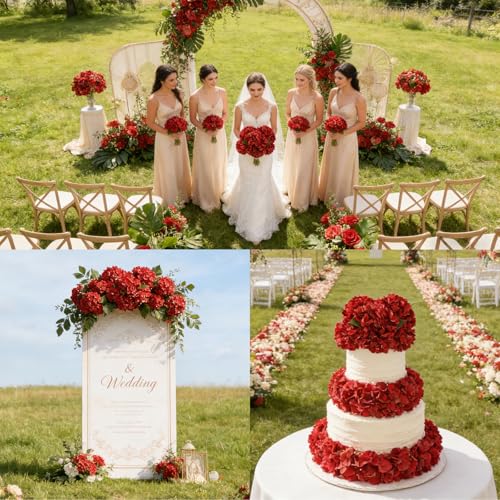 6PCS Realistic Artificial Silk Hydrangea Flowers, Premium Fake Hydrangea Flowers Bouquet with Stems, Full Faux Hydrangea Blooms for Home Wedding Table Party Office Decorations(Red) - color: Red