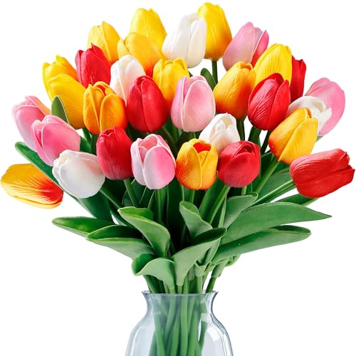 Sggvecsy 15 Pcs Fake Tulips Artificial Flowers Real Touch PU Faux Flowers Tulip Stems for Wedding Spring Bouquet Floral Arrangement Home Party Office Decorations for Mother's Day (Multi Colors) - color: Mixed 1, size: 15 Pcs