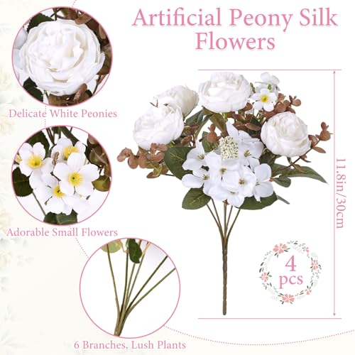 DEMIUKO 4PCS Peonies Artificial Flowers,White Faux Peony Bouquet Fake Silk Flower for Vase Faux Floral Arrangements Plastic Flowers for Farmhouse Home Kitchen Table Centerpiece Party Wedding Decor - color: White, size: 4PCS