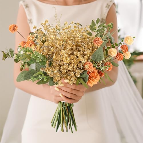 N&T NIETING 6Pcs Babys Breath Artificial Flowers,Real Touch Fake Gold Flowers Faux Flowers Bouquets for Vase Home Office Wedding Fall Winter Indoor Outdoor Centerpiece Table Decorations - color: Gold, size: 6PCS