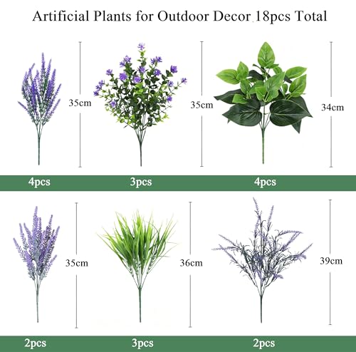 LUNETH 18PCS Artificial Plants for Outdoor Decor Fake Plants Realistic Faux Greenery & Flowers Fake Plastic Leaves with Stems Artificial Outdoor Bushes for Garden Porch and Patio UV Resistant - color: Mix-2