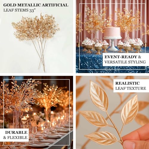 Efavormart 4 Pack 33 inch Metallic Gold Artificial Italian Ruscus Leaves Stems, Tall Plastic Greenery Branches for Stately Vase Fillers and Floral Centerpieces - color: Type12
