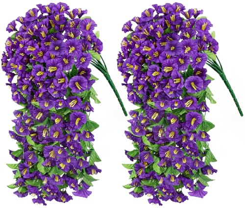 Artificial Hanging Flowers for Outdoors, 2 Pack Purple Silk Morning Glory Fake Flowers UV Resistant Faux Petunias Hanging Artificial Plants Trailing Vines for Porch Garden Spring Summer Planter Decor - color: Purple