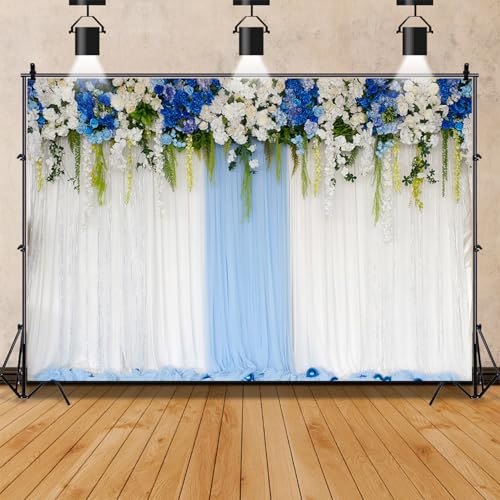AOFOTO 7x5ft Blue White Flowers Curtain Wedding Backdrop Romantic Floral Wall Drapes Bride Groom Ladies Girls Photoshoot Background for Wedding Reception Ceremoney Birthday Cake Table Decor Banner - size: 7x5ft