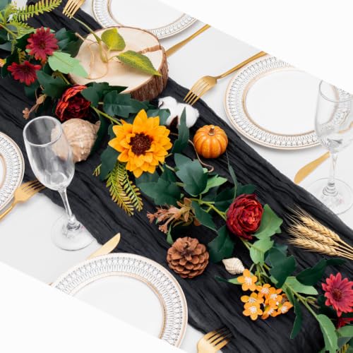 MAKHOT 2Pack Artificial Maple Leaves and Sunflowers Burgundy Roses Garland | Fake Flower Gypsophila Vine Garlands Decor, Floral Flower Greenery Garland for Wedding Home Table Decor - color: Green & Ren-2pcs