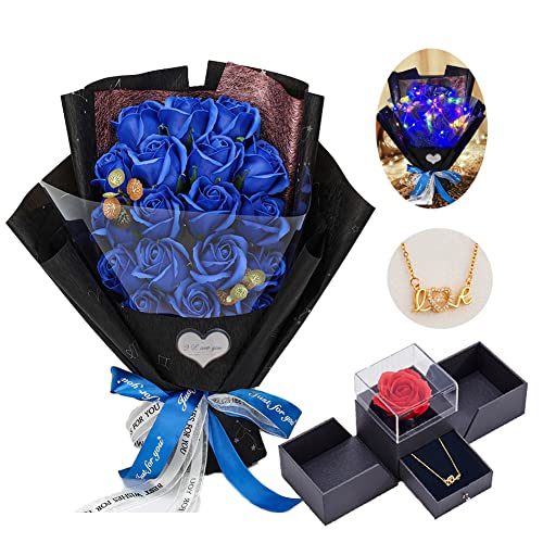EIGHTOWN Roses Bouquet Artificial Flower - Preserved Blue Rose Flowers with Love Necklace for Her - Unique Gifts Valentine's Day, Mother's Day, Thanksgiving, Birthday, Anniversary - color: Blue Maggie