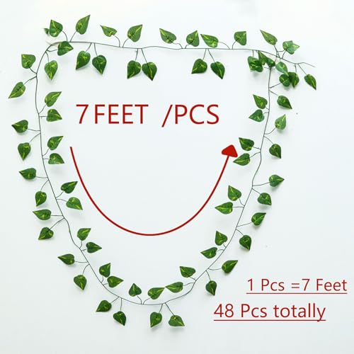 48 Pcs 336 Feet Fake Climbing Vines Ivy for Bedroom, Artificial Greenery Foliage Leaves Garland Wall Plants Decor