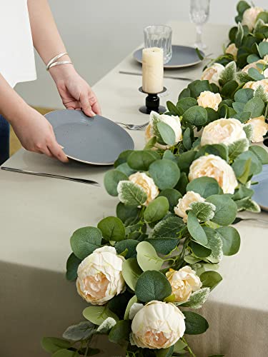 MISSPIN 2pcs Artificial Flowers Garland Spring Eucalyptus Garland Vintage Fake Flower Peony Rose Vine Greenery Decorative Wall Hanging Plant for Wedding Arch Door Arrangement Party Decor - color: Light Champagne-2